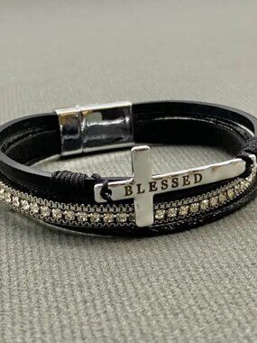 “Blessed” Multi-Layer Cross & Rhinestones Faux Leather Bracelet - Black